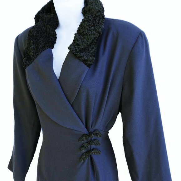 Vintage 80s Career Wrap Dress Faux Persian Curly Collar Long Thigh Vent Frog USA